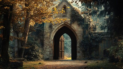 Fototapeta premium charming old church side entrance framed by autumn trees and foliage in a serene forest setting