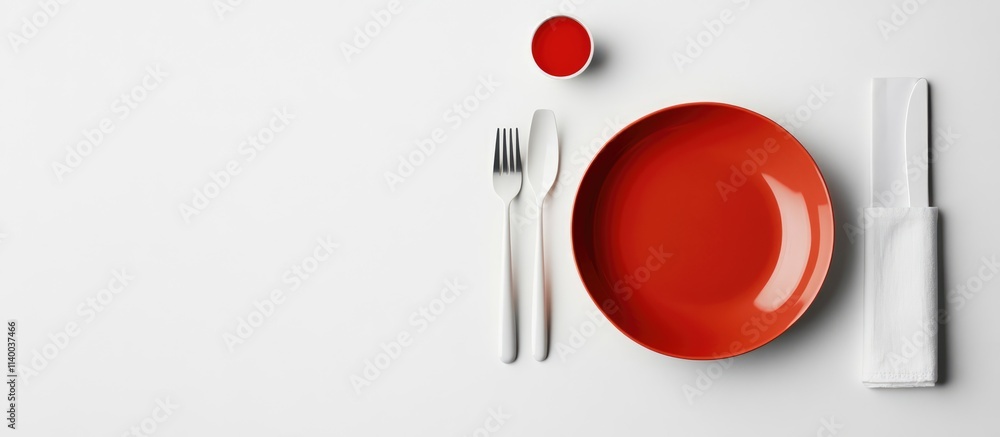 Poster elegant christmas table setting with red plate cutlery napkin and festive dã©cor on white background