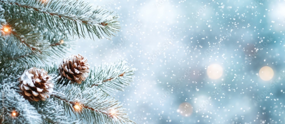 Aufkleber snowy winter background with pine branches and soft snowfall creating a serene festive atmosphere fo
