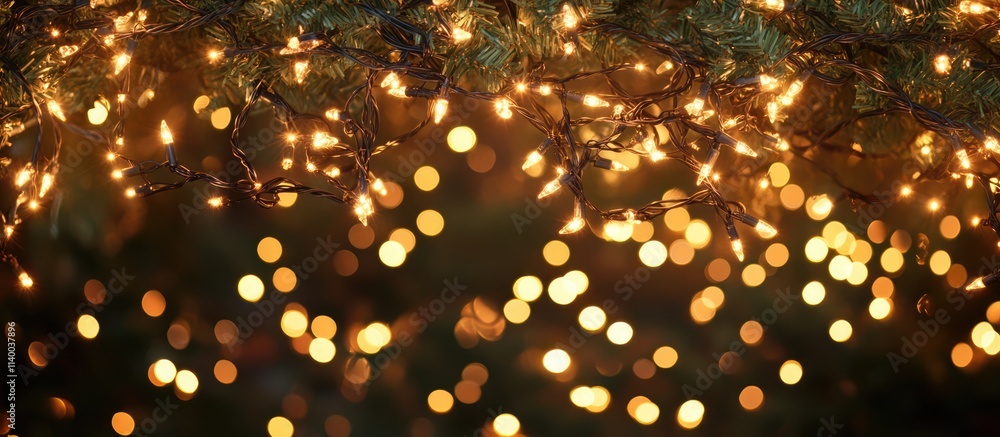 Poster warm golden christmas lights backdrop with abstract twinkling bokeh creating a festive and cheerful 