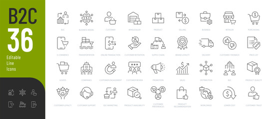 B2C Editable Icons set. Vector illustration in modern thin line style of Business related icons: customer, selling, product delivery, and more. Pictograms and infographics.