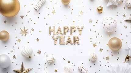 Happy New Year Chic New Year Celebration with Gold Letters, Gift Boxes, and Festive Decorations on a White Background