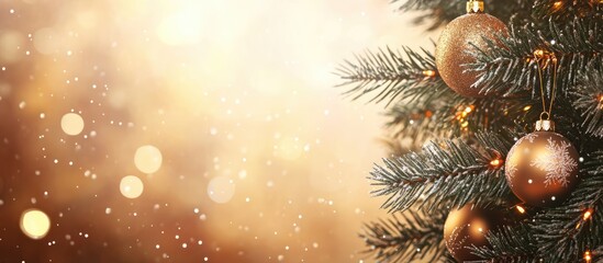 Festive Christmas ornaments on a spruce tree branch with a blurred golden background and space for seasonal text or messages