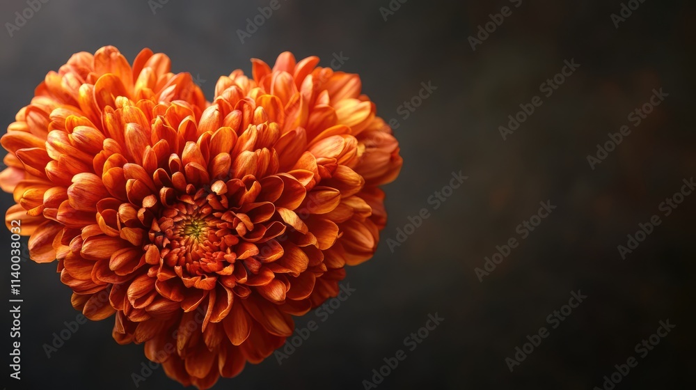 Poster chrysanthemum flower arranged in a heart shape with empty space for text on a dark background evocat