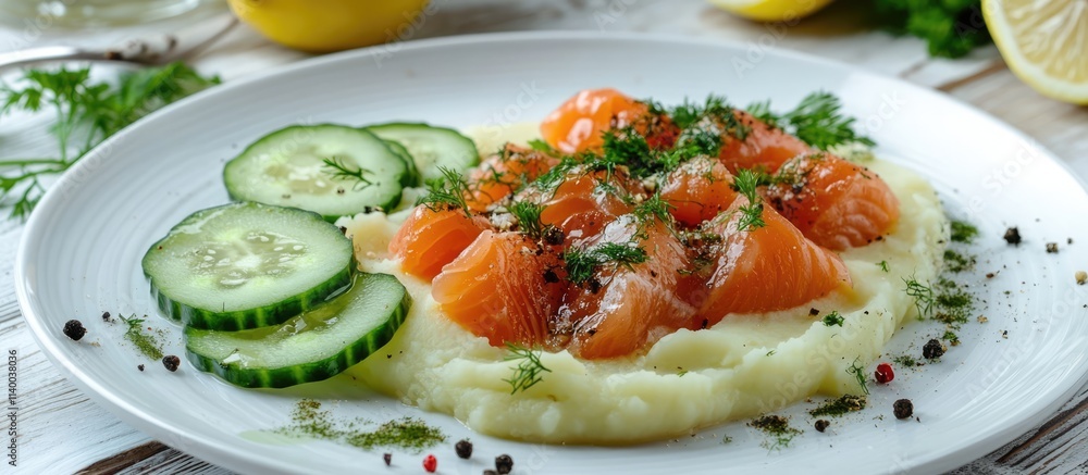Aufkleber celery and potato puree with red fish chunks garnished with herbs and cucumbers on a white plate wit