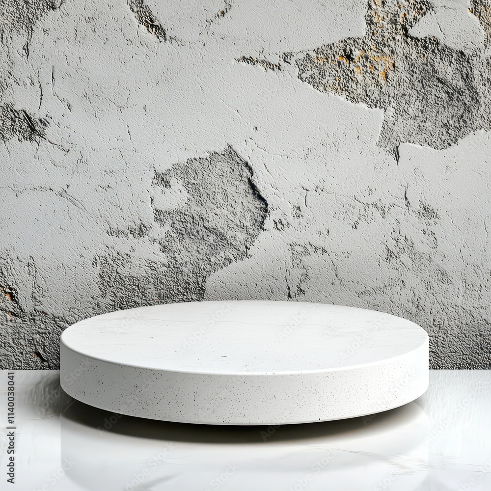 Poster minimalist white background with round concrete platform for display and presentation