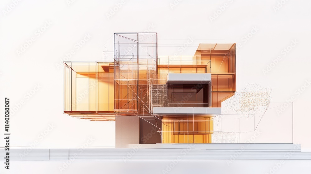 Poster a modern architectural model showcasing transparent and geometric design elements.
