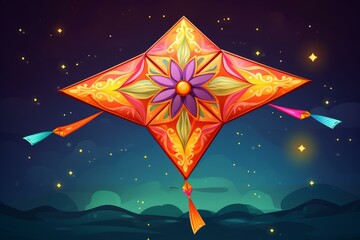 Vibrant kite soars gracefully against a backdrop of twinkling stars and a dark night sky