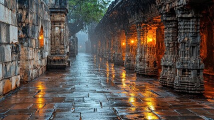 Illuminated worship experience hindu temple corridor scenic photography serene environment atmospheric perspective captivating spiritual ambiance for seo impact