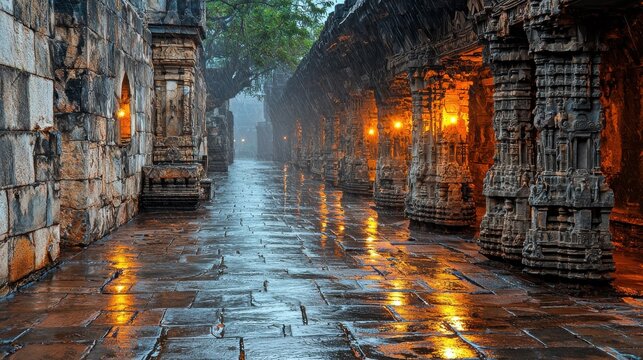 Illuminated worship experience hindu temple corridor scenic photography serene environment atmospheric perspective captivating spiritual ambiance for seo impact