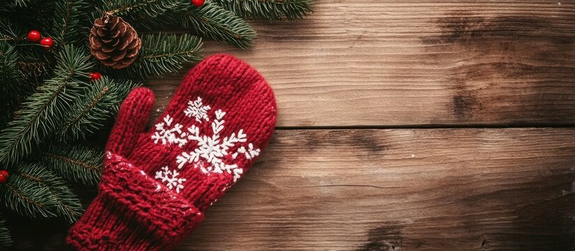 Festive Christmas mitten adorned with snowflake design on rustic wooden background with pinecones and greenery accents