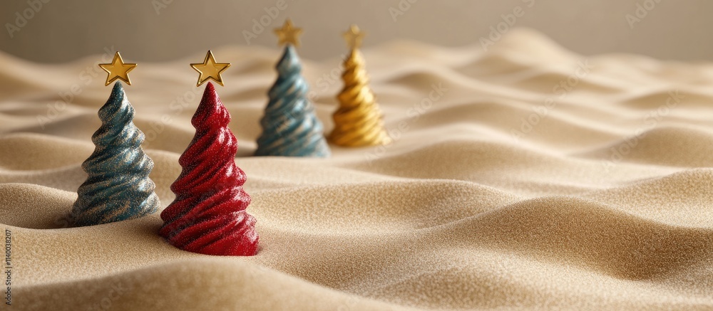 Poster christmas tree toppers on sandy surface creating a festive and unique background for seasonal themes