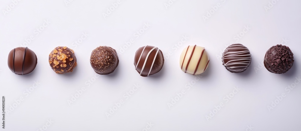 Poster assorted chocolate truffles arranged in a row on a clean white background showcasing various texture