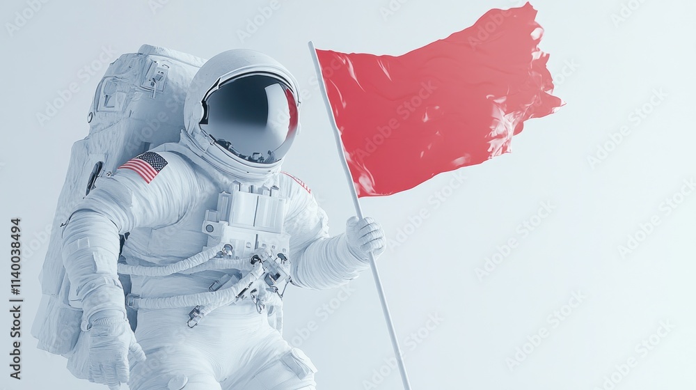 Aufkleber an astronaut holding a red flag in a minimalist space setting.