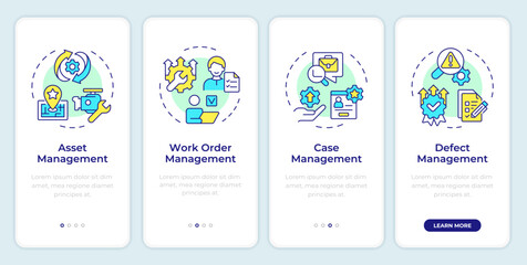 Core features of fsm systems onboarding mobile app screen. Walkthrough 5 steps editable graphic instructions with linear concepts. UI, UX, GUI template. Montserrat SemiBold, Regular fonts used