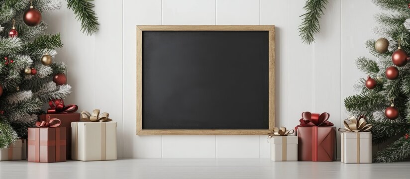 Christmas Wooden Sign Mockup with Decorative Pine Branches and Gifts on a Light Background for Holiday Marketing and Promotions