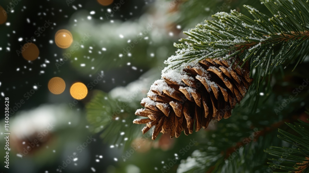 Aufkleber snow-covered pine cone on a christmas tree branch with softly blurred festive lights in the backgrou