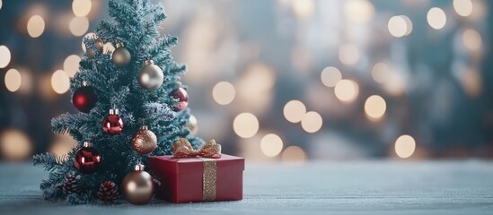 Christmas tree adorned with colorful ornaments beside a beautifully wrapped gift box on a soft bokeh backdrop for holiday celebrations