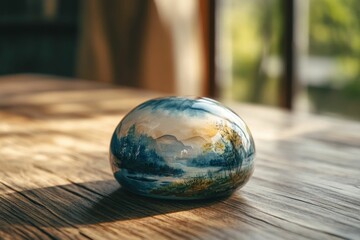 Painted sphere depicts tranquil landscape; sits on wood.