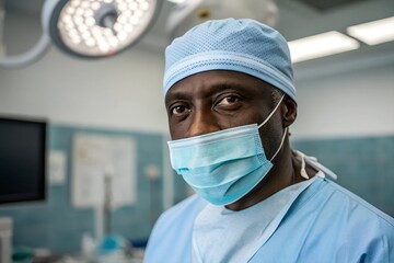 Close-up portrait of a Black male doctor in surgical scrubs, wearing a face mask and cap, standing in a hospital operating room.
