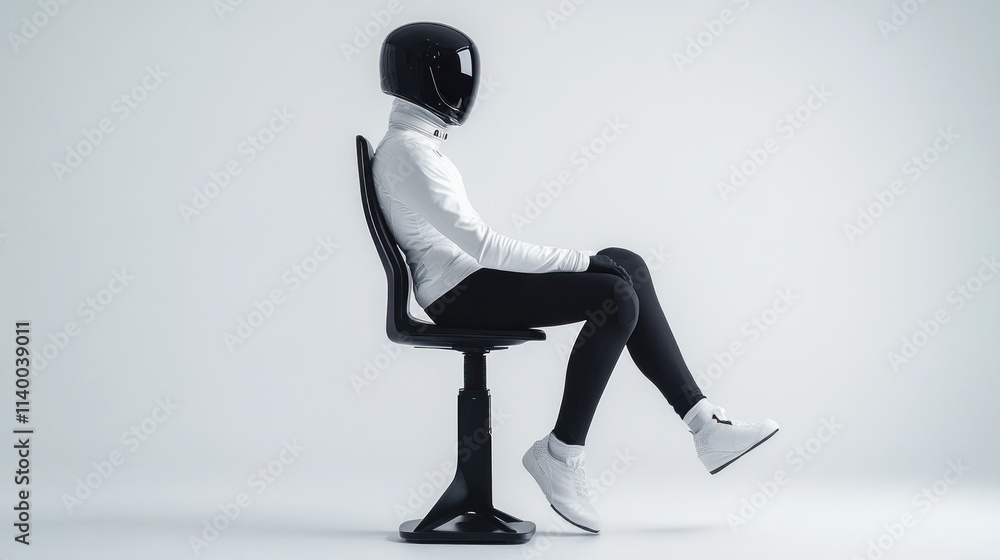 Poster a futuristic figure with a helmet seated on a modern chair, embodying a blend of style and technolog
