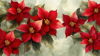 Christmas decoration featuring vibrant red poinsettias with golden centers on a soft background