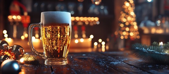 Festive holiday atmosphere with a glass of beer and Christmas decorations in a cozy setting