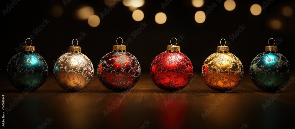 Poster decorative christmas ornaments in a line with soft glowing lights in the background creating a festi