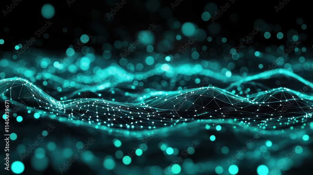 Poster Abstract visualization of waves and particles in a digital landscape.