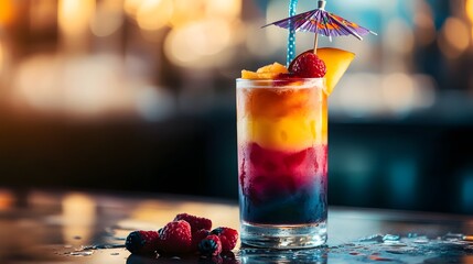 Tropical fruit cocktail in vibrant multi color, decorated with slices of fruits and small paper umbrella on the edge the glass, with on blurry background