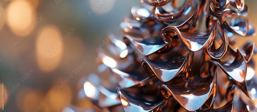 Poster close up of a unique metallic christmas tree with intricate design and festive bokeh background. per