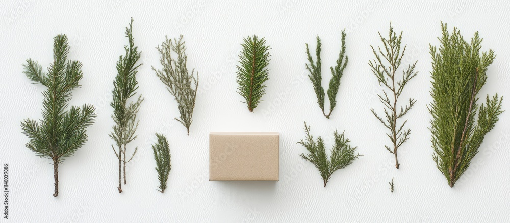 Poster festive flat lay of fir branches and a gift box arranged on a white background creating a cheerful c