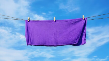 Clothespin securing a vibrant purple bedsheet against a bright blue sky with wispy clouds and hanging wire.
