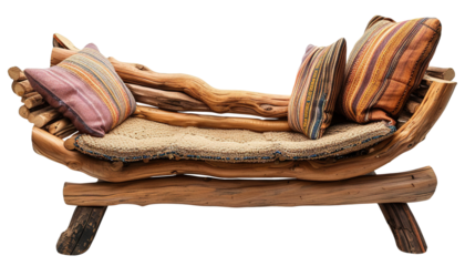 Rustic wooden sofa made from natural wood, featuring beige seat and colorful, striped throw pillows. Unique handcrafted furniture piece combines organic materials with bohemian style.