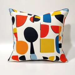 A decorative patterned pillow with vibrant geometric shapes on a white background 