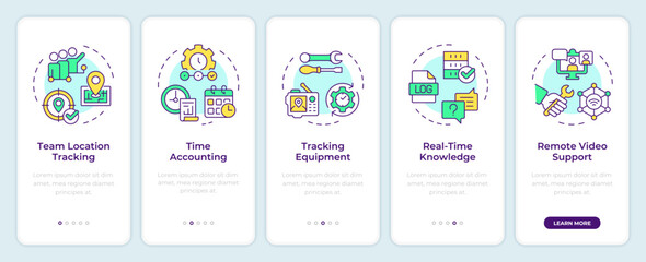 Real-time tracking and monitoring onboarding mobile app screen. Walkthrough 5 steps editable graphic instructions with linear concepts. UI, UX, GUI template. Montserrat SemiBold, Regular fonts used