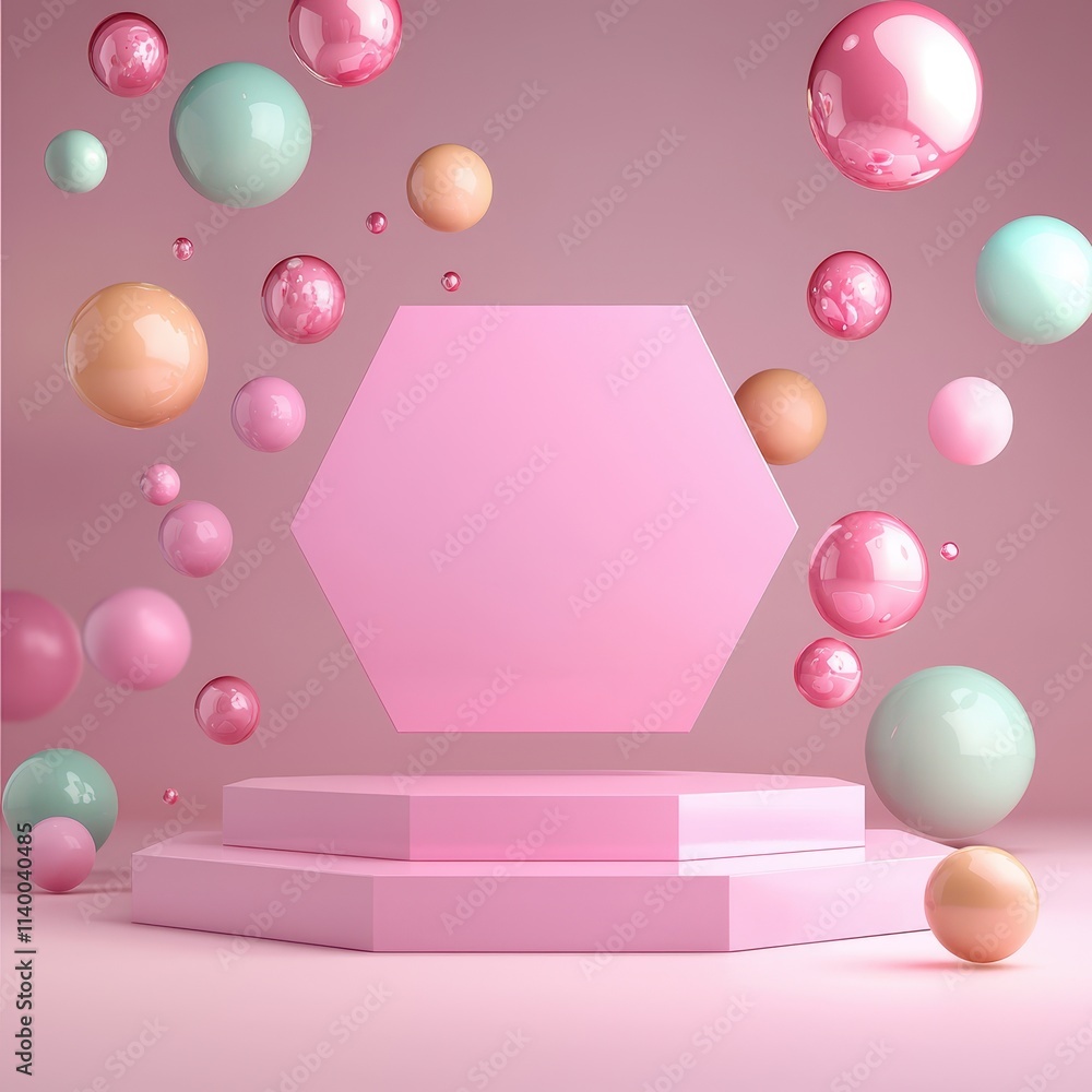 Poster modern hexagon display with colorful 3d balls and bubbles in a pink atmosphere
