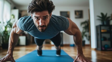 Fototapeta premium Man Doing Burpees on Yoga Mat in Living Room