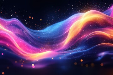 Obraz premium Abstract colorful waves with glowing particles on a dark background.