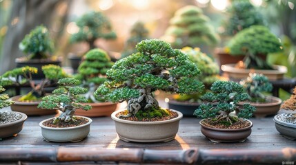 A collection of bonsai trees displayed in pots, showcasing their intricate beauty and artistry.