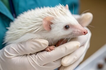 A white albino hedgehog with pink features is held securely by a veterinarian in a white coat. Its rare albino spines and delicate details are in sharp focus.