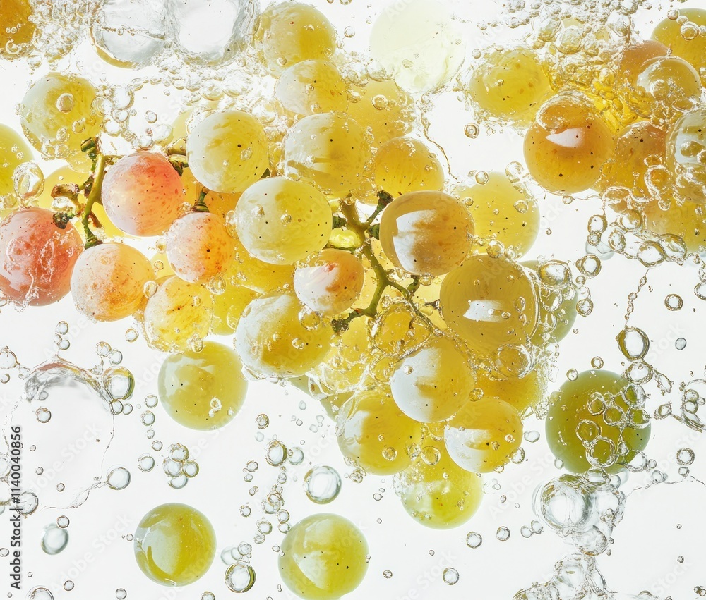 Poster a cluster of grapes submerged in bubbly water, creating a refreshing visual effect.