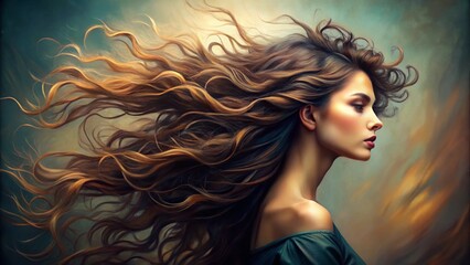 Profile Portrait of Beautiful Brunette Woman with Long Curly Hair Banner. AI generative. Hair Flying in the Wind. Copy Space.
