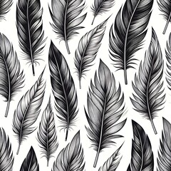 Fototapeta premium Seamless Black and White Feather Pattern with Delicate Barbs and Quills in Fine Line Style 