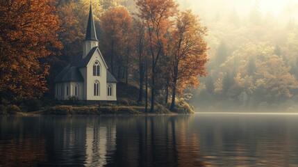 Fototapeta premium Serene church by the tranquil lake surrounded by vibrant autumn foliage and misty landscape in soft morning light