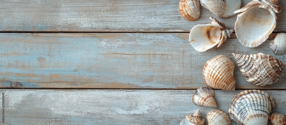 Poster close up of wooden planks with sea shells and a notepad providing ample copy space for summer or bea