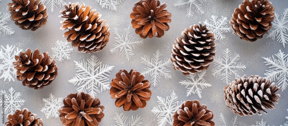 Poster christmas backdrop featuring pine cones on a snowflake pattern creating a festive winter atmosphere 