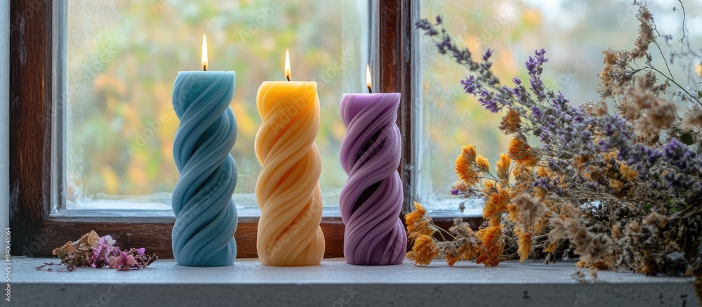 Poster twisted candles in various colors on a windowsill with dried flowers creating a warm and inviting at