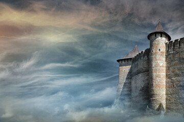 medieval fortress in Khotyn on storm cloud sky background