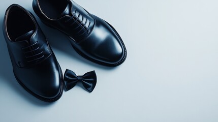 Elegant Black Dress Shoes and Bow Tie on Soft Blue Background